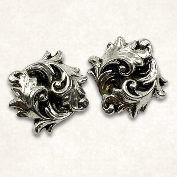 Vintage Silver-Tone Ornate Swirl Clip-On Earrings - Picture 1 of 13